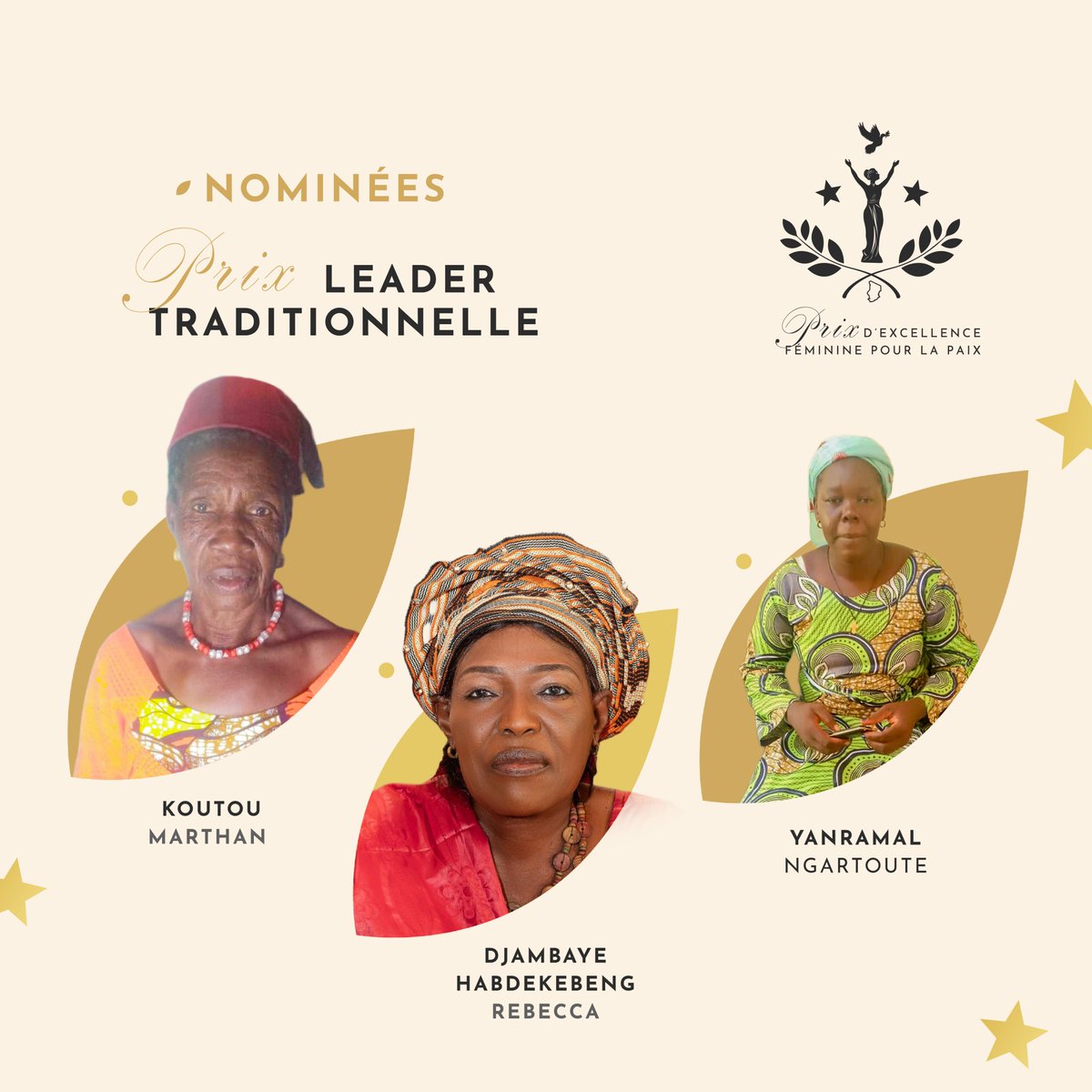 🎖️ Par leurs paroles, leurs arbitrages, leurs présences, elles apaisent les tensions et consolident les liens.

Elles incarnent une autorité qui rassemble, éclaire, inspire.

Les nominées du Prix Leader Traditionnelle pour la Paix sont les gardiennes du vivre-ensemble dans leurs