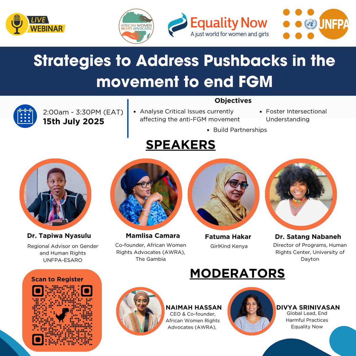 AWRA_org's tweet image. 🚨WEBINAR ALERT🚨
WEBINAR: "Strategies to Address Pushbacks in the Movement to End FGM"
Join us as we explore how funding cuts, anti-rights narratives, and legal reversals threaten progress and what we can do together to fight back. Register Now us06web.zoom.us/webinar/regist…