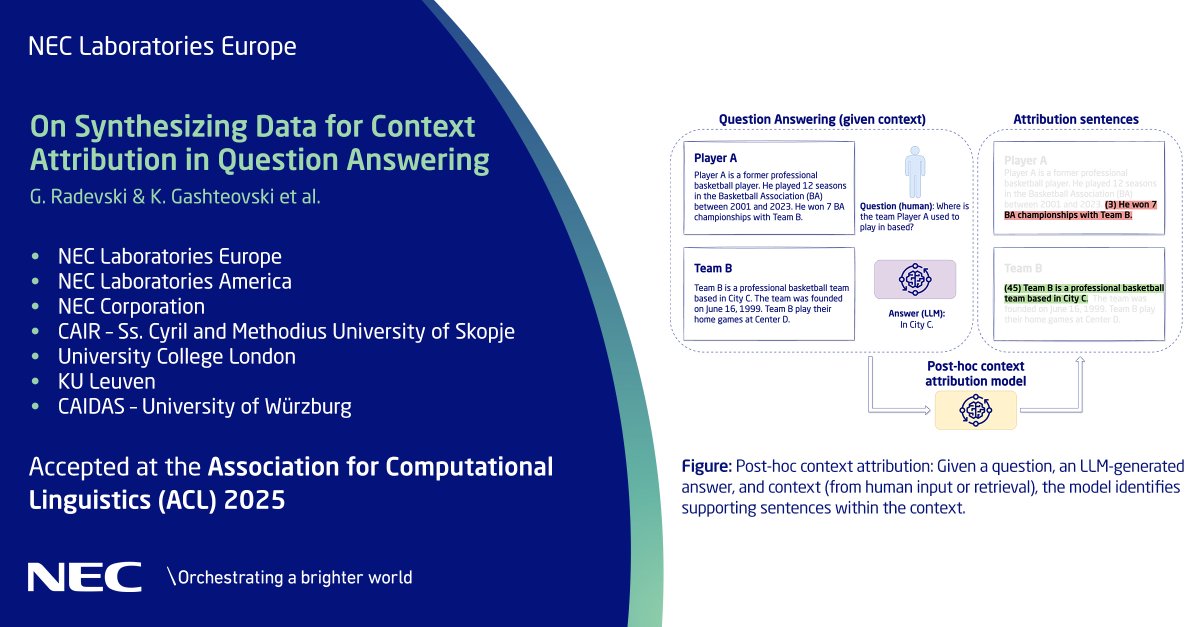 NECLabsEU's tweet image. Our new strategy enhances context attribution in #LLMs by generating synthetic data for fine-tuning smaller models. It improves #AI accuracy in question answering, outperforms larger models &amp;amp; boosts real-world fact-checking efficiency. Learn how: neclab.eu/research-group…. #NECLabs