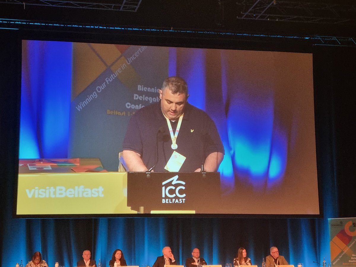 PCS_NI's tweet image. "Those profiting from genocide understand one thing - their bottom line, so hit them where it hurts" @TiarnanTweets on behalf of @pcs_union at @irishcongress supporting #BDS #BDC25
