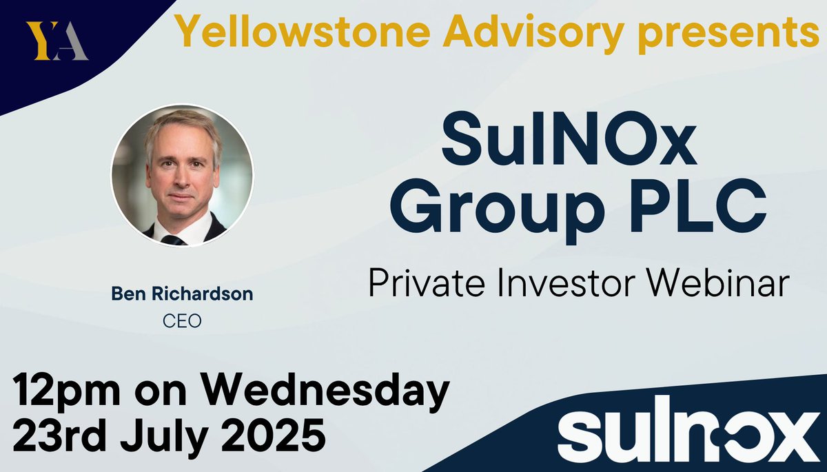 Yellowstone Events (@ystoneadvisoryk) on Twitter photo We are excited to host the <a href="/SulnoxGroupPLC/">SulNOx Group PLC</a> Private Investor Webinar on Wednesday 23rd July at 12pm.
#SNOX CEO, Ben Richardson, will provide an introduction to Sulnox Group and update on corporate performance.
Register here: us02web.zoom.us/webinar/regist⦠We are excited to host the <a href="/SulnoxGroupPLC/">SulNOx Group PLC</a> Private Investor Webinar on Wednesday 23rd July at 12pm.
#SNOX CEO, Ben Richardson, will provide an introduction to Sulnox Group and update on corporate performance.
Register here: us02web.zoom.us/webinar/registā¦