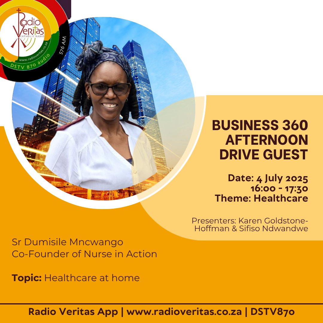 RadioVeritasSA's tweet photo. #RadioVeritasFridayProgrammes
#Business360AfternoonDrive with Karen Goldstone-Hoffman and Sifiso Ndwandwe on #RadioVeritasSA #Dstv870 #RadioVeritasApp
📆 3 July 2025
⏰ 16:00 - 17:30
#BusinessGrowth #Entrepreneurship #RadioVeritasBusiness #RVBusinessHub #RVBusinessCommunity https://t.co/6JZ9F381r7