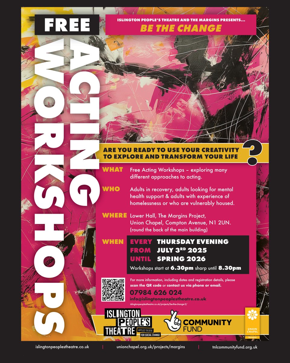 Be The Change is back; Free weekly applied theatre &amp; creative arts sessions empower adults in recovery, homeless or vulnerably housed &amp; looking to improve mental health through creativity.

Thursdays 6.30pm helping build community, confidence &amp; wellbeing.
unionchapel.org.uk/projects/news-…