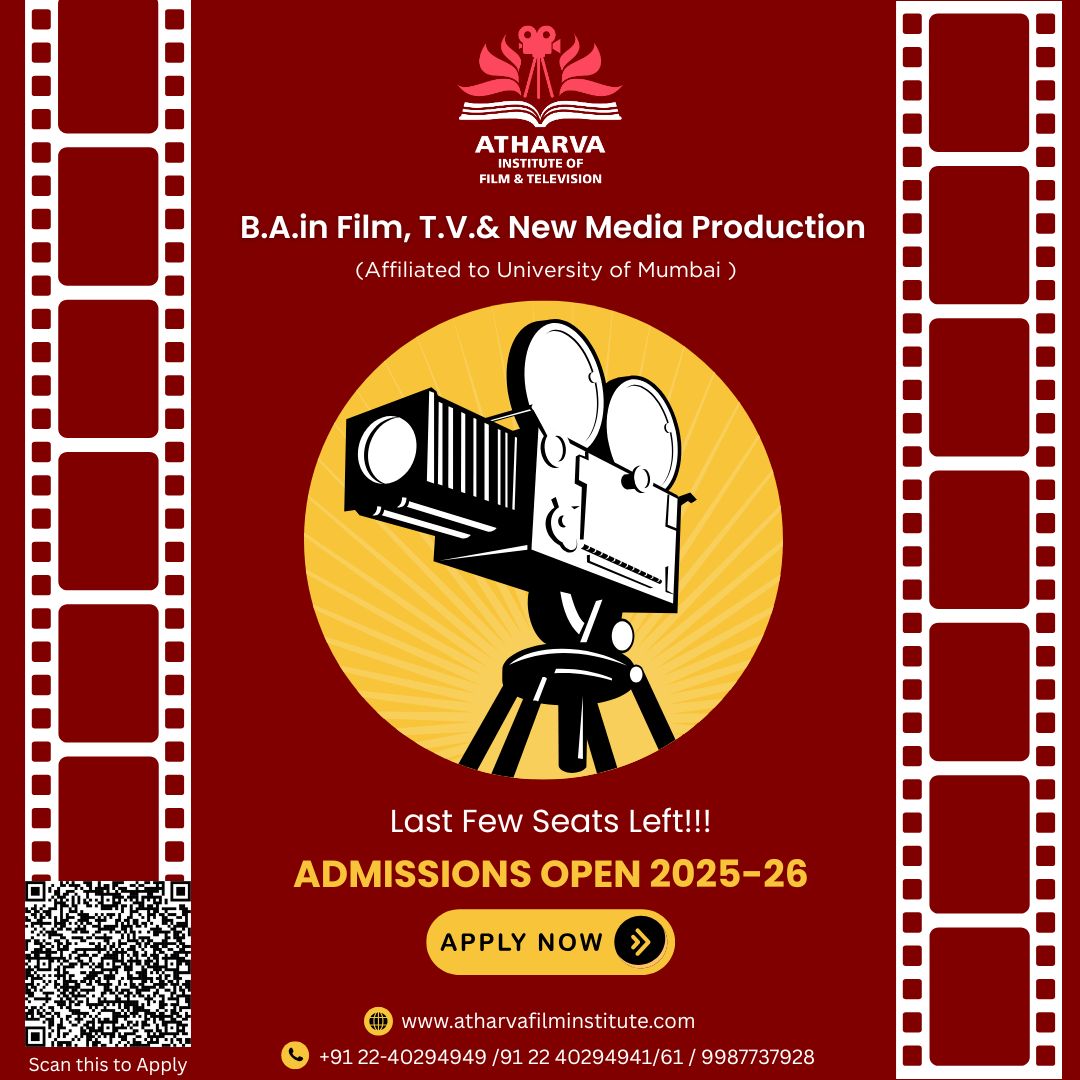 AIFTMumbaiFilms's tweet photo. 🎬 Lights. Camera. Action!
Admissions are now OPEN for B.A. in Film, TV &amp; New Media Production at Atharva Institute of Film &amp; Television – Affiliated with the University of Mumbai. 🎥✨

#AtharvaFilmInstitute #Admissions2025 #FilmmakingCourse #BAinFilmTVMedia #AtharvaUniversity https://t.co/9HsU6p5qcH