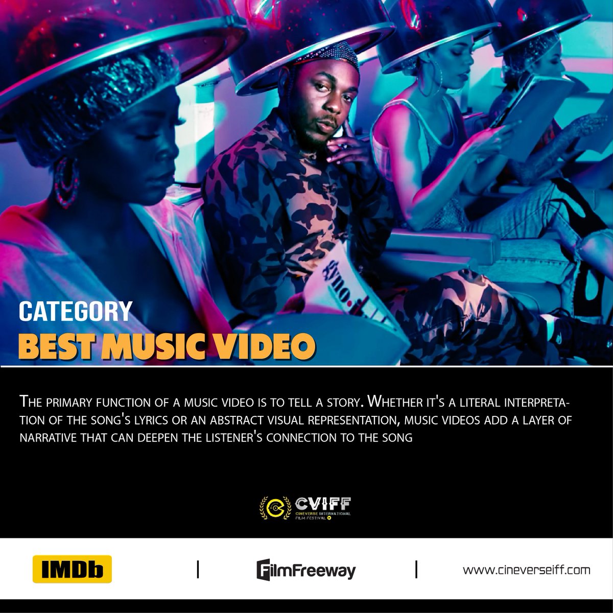 Cineverse_iff's tweet image. The Best Music Video category honors the fusion of sound and vision — where rhythm meets cinematic expression. It’s about storytelling through beats, movement, and mood, capturing emotion in every frame. 🎶🎬
#BestMusicVideo #VisualRhythm #CineverseIFF