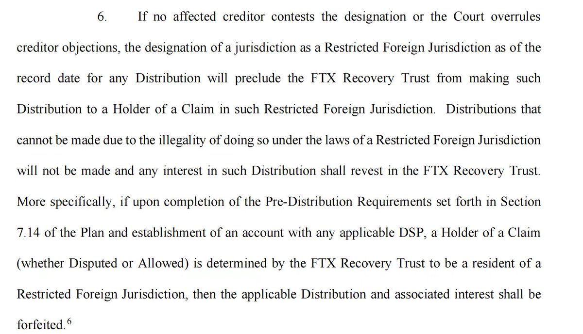 BoringBack's tweet image. 🚨FTX重磅消息通知：

FTX申请法院批准，允许它在49个分配受限的国家/地区（含中国），实施一种新的“受限处理程序”：
对这些国家，FTX会聘请当地合资格律师出具法律意见书
• 若律师确认可以合法赔付 → 就可以正常发放赔付。
• 若律师认为不能合法赔付，或没有出具明确意见 → 启动“受限程序”。…