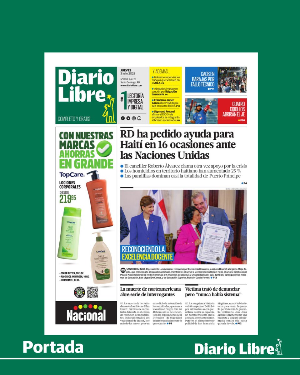 🟢 | #PortadaDL | Aquí la portada de nuestra edición impresa de este jueves 03 de julio del 2025

#DiarioLibre #PeriódicoLíder