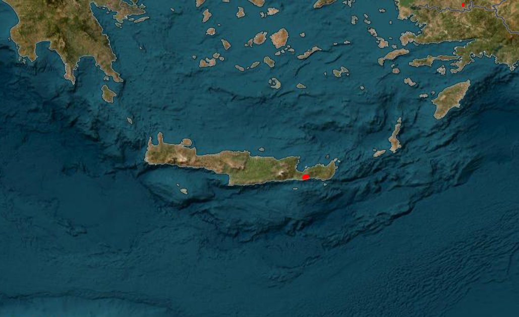 Wildfire on Crete's south coast as recorded by NASA's global fire monitor. 

#Greece