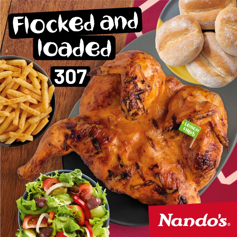 NandosSA's tweet photo. Have your share of plenty with our Full Chicken + any 3 Sharing Sides. 💪 Order yours on the app today.