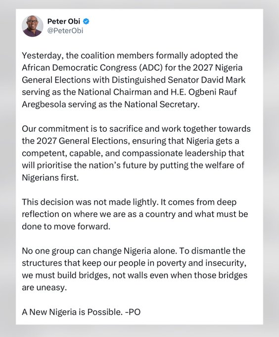 ElitesAfrica's tweet image. BREAKING: Peter Obi joins 2027 opposition coalition, backs African Democratic Congress (ADC) as new platform.  

. 
. 
.  

#NigeriaDecides2027 #PeterObi #OppositionCoalition #ADC Labour party Accident