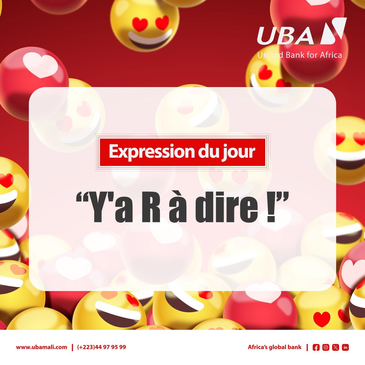 UBA_Mali's tweet photo. Expression du jour : “Y’a R à dire !” 😂
Traduction : On gère ! On assure !
Utilise-la dans ta journée ! 😉

#UBAfun #MaliSlang #instantdetente #UbaMali #AfricasGlobalBank https://t.co/oCjdLdtFY3