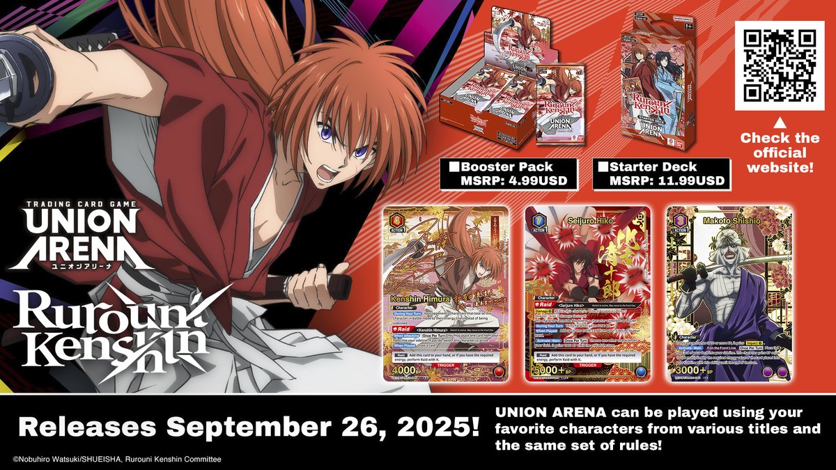 UNIONARENA_EN at #AX2025] #RurouniKenshin is coming to UNION ARENA on  September 26, 2025!  Both the [UE11ST] Starter Deck and [UE11BT] Booster  Pack will be available!  Relive the legend of Kenshin