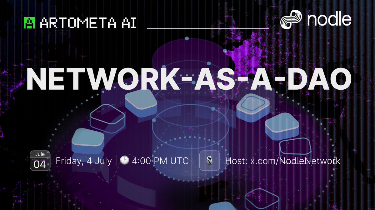 ArtometaAI (@artometaai) on Twitter photo 🕓 This Friday at 4:00 PM UTC, we’re joining <a href="/NodleNetwork/">Nodle. The digital trust network.</a> on X Spaces.
Topic: Network-as-a-DAO
What happens when networks run like communities, not companies?
🎧 Be there. 🕓 This Friday at 4:00 PM UTC, we’re joining <a href="/NodleNetwork/">Nodle. The digital trust network.</a> on X Spaces.
Topic: Network-as-a-DAO
What happens when networks run like communities, not companies?
🎧 Be there.