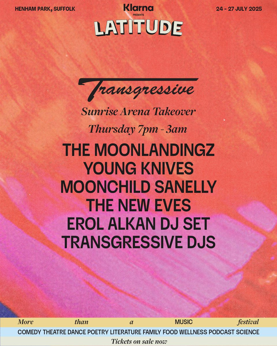 Renowned independent label <a href="/transgressiveHQ/">Transgressive</a> return to our Sunrise Arena to present a takeover on the Thursday night; the perfect kickstart to your <a href="/Klarna/">Klarna</a> presents Latitude weekend ☀️

<a href="/themoonlandingz/">The Moonlandingz</a> bring their juddering synths, wailing guitars and motorik stomp, <a href="/youngknives/">¥[]U|\|G K|\|!v€$</a>'