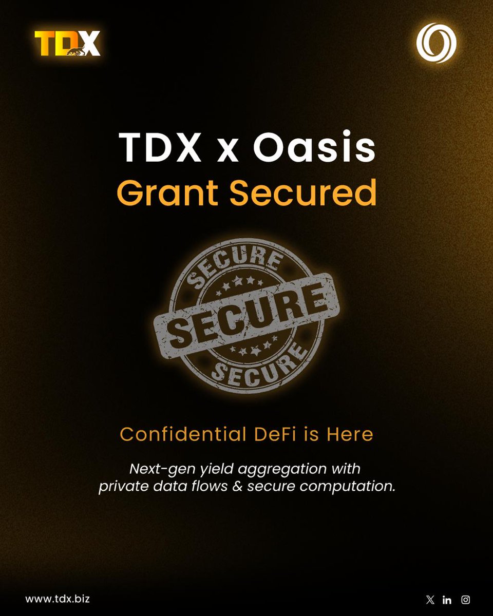 TDX (@tdxbiz) on Twitter photo TDX x <a href="/OasisProtocol/">Oasis @ETHCC 🇫🇷</a> : Grant Secured 🚀
Confidential DeFi is no longer a dream.
⚡ Private data flows.
⚡ Secure computation.
⚡ Next-gen yield aggregation.
🌐 Privacy-first. Yield-maximized. Future-ready.
#DeFi #TDX #OasisNetwork #Crypto TDX x <a href="/OasisProtocol/">Oasis @ETHCC 🇫🇷</a> : Grant Secured 🚀
Confidential DeFi is no longer a dream.
⚡ Private data flows.
⚡ Secure computation.
⚡ Next-gen yield aggregation.
🌐 Privacy-first. Yield-maximized. Future-ready.
#DeFi #TDX #OasisNetwork #Crypto
