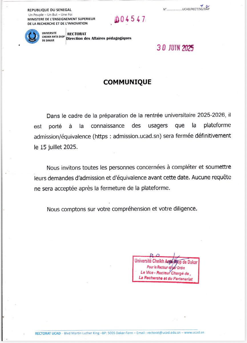 UCAD_Senegal's tweet photo. 🔒 Fermeture plateforme admission/équivalence
Dans le cadre de la rentrée 2025-2026, la plateforme https://t.co/0Q89VOlBEm fermera définitivement le 15 juillet 2025.

✅ Déposez vos demandes avant cette date.
❌ Aucune requête ne sera acceptée après.

#compublique #kebetu #UCAD #Dap