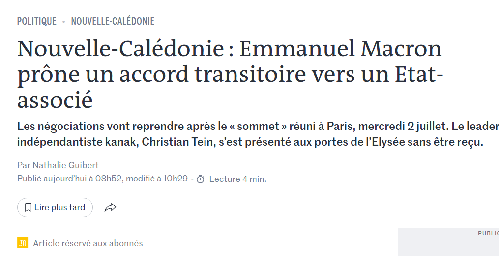 FORFAITURE ! Malgré 3 référendums où les calédoniens (avec un corps électoral restreint favorable aux kanaks)  ont dit NON à l'indépendance, Macron veut brader la Nouvelle Calédonie. Son projet d' "Etat associé" c'est tout simplement l'indépendance refusée par les calédoniens.