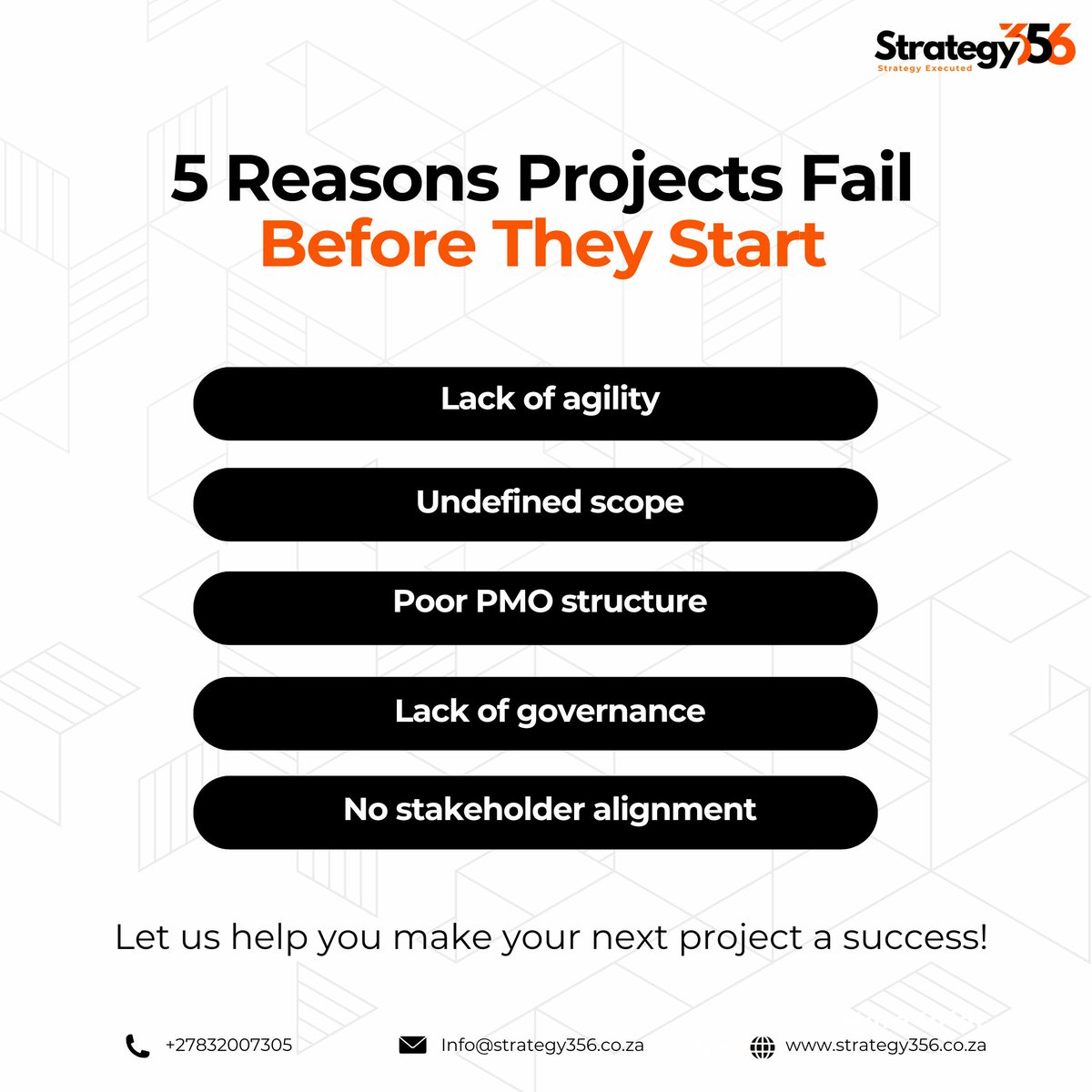 ponnen03's tweet image. Most projects don’t fail halfway—they fail before they even begin.
At Strategy356, we help organisations overcome these pitfalls with strong frameworks, expert programme leadership, and end-to-end delivery strategies.
#ProjectManagement #PMO #StrategyExecution #Strategy356