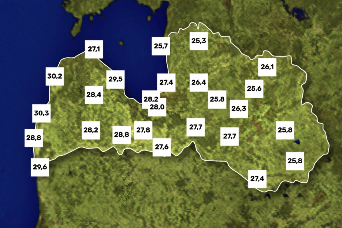 boms_tricis's tweet image. Pirmo reizi šajā gadā temperatūra Latvijā sasniegusi 30 °C, līdz plkst. 12 tas noticis Kurzrmes rietumu piekrastē, tuvākajās stundās 30...32 °C gaidāmi arī citviet Kurzemē, Zemgalē un Rīgas apkārtnē.
Kartē maksimālā temperatūra līdz plkst. 12. LVGMC dati