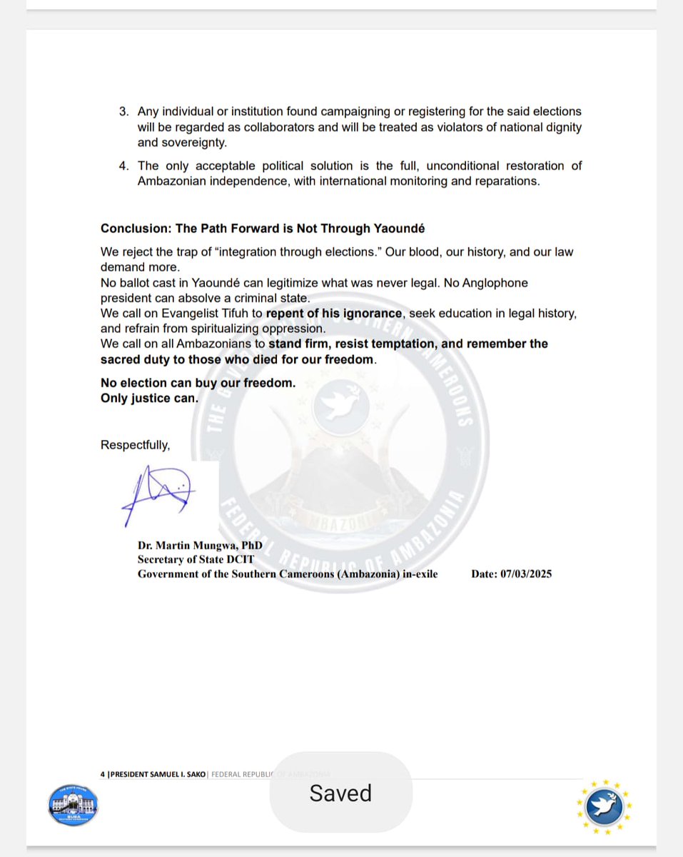 A response from the gov't of the <a href="/FRAOfficialPage/">Federal Republic of Ambazonia</a> response to "A Call to Action for Anglophones in Cameroon" from Evangelist Mutagha Sylvanus Tifuh.

<a href="/USEmbYaounde/">U.S. Embassy Yaounde</a> <a href="/BBCNews/">BBC News (UK)</a> <a href="/UKinCameroon/">UK in Cameroon🇬🇧🇨🇲</a> <a href="/CanadaCameroon/">Canada in Cameroon</a> <a href="/UnderSecStateP/">Allison M. Hooker</a> <a href="/SwissAmbYaounde/">Embassy of Switzerland in Yaoundé</a> <a href="/BelgiumMFA/">🇧🇪 Belgium MFA</a> <a href="/KuwaitUNGeneva/">Kuwait Mission to the UN in Geneva</a> <a href="/UNHumanRights/">UN Human Rights</a>