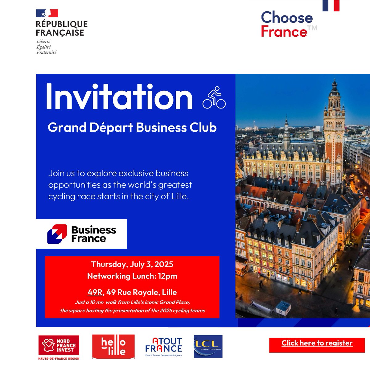 Aujourd’hui à Lille, dernière chance pour s’inscrire au Grand Départ Business Club 2025, organisé par Business France. Echanges &amp; intervention de Shoichi Matsumoto (CEO AESC, implanté en France).
#BusinessOpportunities #ChooseFrance

ow.ly/TVPz50WkeHp