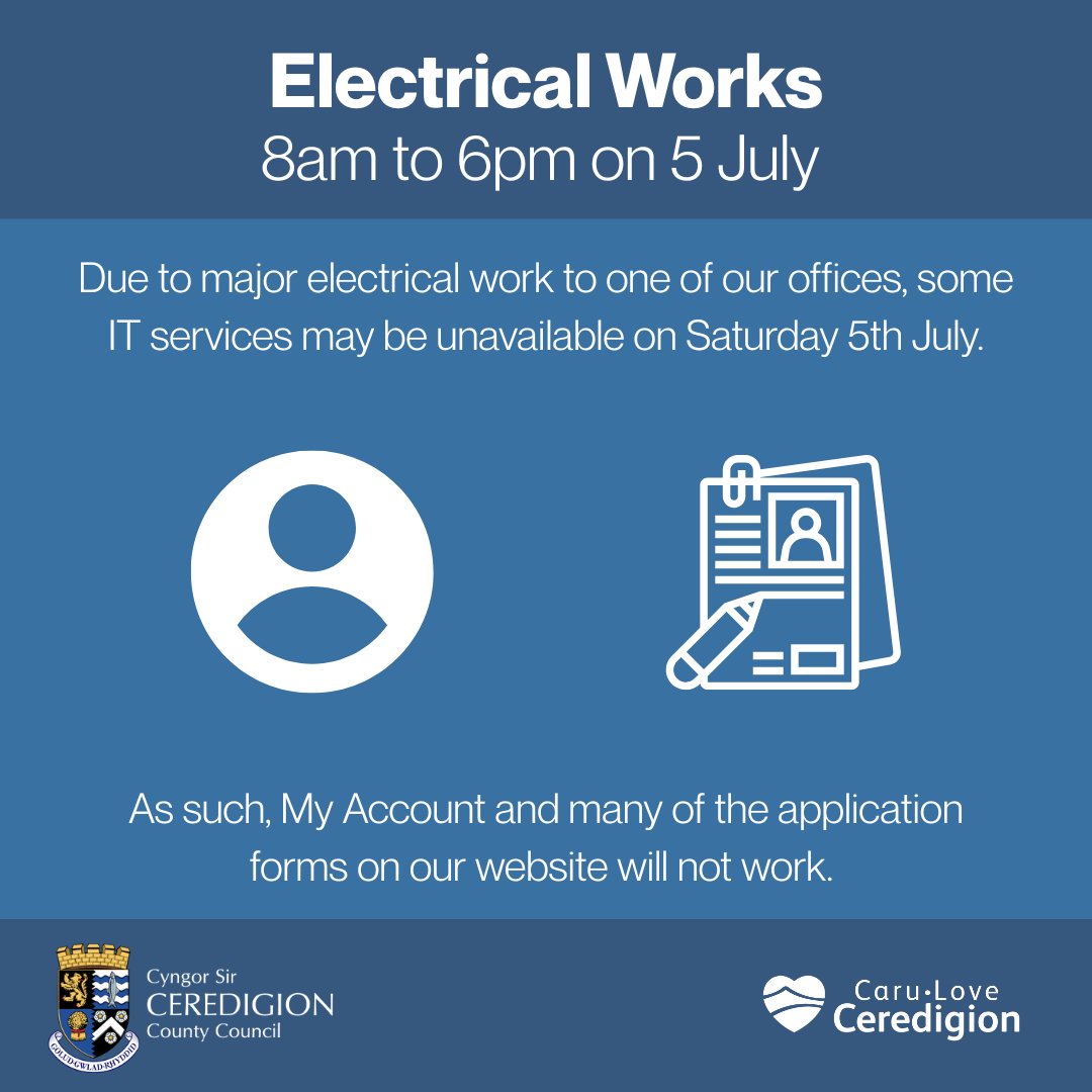 📣 Electrical Works, 5 July.

Due to electrical works to one of our offices, some IT services may be unavailable.
As such, My Account and many of the application forms on our website will not work.

We expect the electrical works to be ongoing between 8am to 6pm on Saturday.