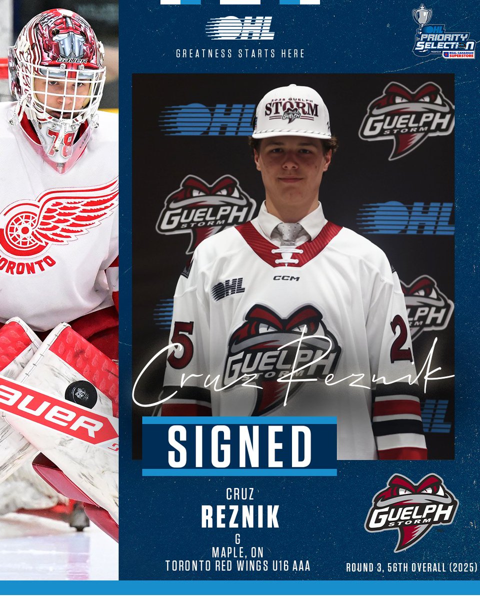Ontario Hockey League (@ohlhockey) on Twitter photo The Guelph Storm (<a href="/Storm_City/">Guelph Storm</a>) have signed third round 2025 #OHLDraft pick Cruz Reznik to an #OHL Scholarship and Development Agreement. Goaltender spent 2024-25 with <a href="/GTHLHockey/">GTHL Hockey</a>'s Toronto Red Wings.
DETAILS ✍️: tinyurl.com/3tk5fak9 The Guelph Storm (<a href="/Storm_City/">Guelph Storm</a>) have signed third round 2025 #OHLDraft pick Cruz Reznik to an #OHL Scholarship and Development Agreement. Goaltender spent 2024-25 with <a href="/GTHLHockey/">GTHL Hockey</a>'s Toronto Red Wings.
DETAILS ✍️: tinyurl.com/3tk5fak9