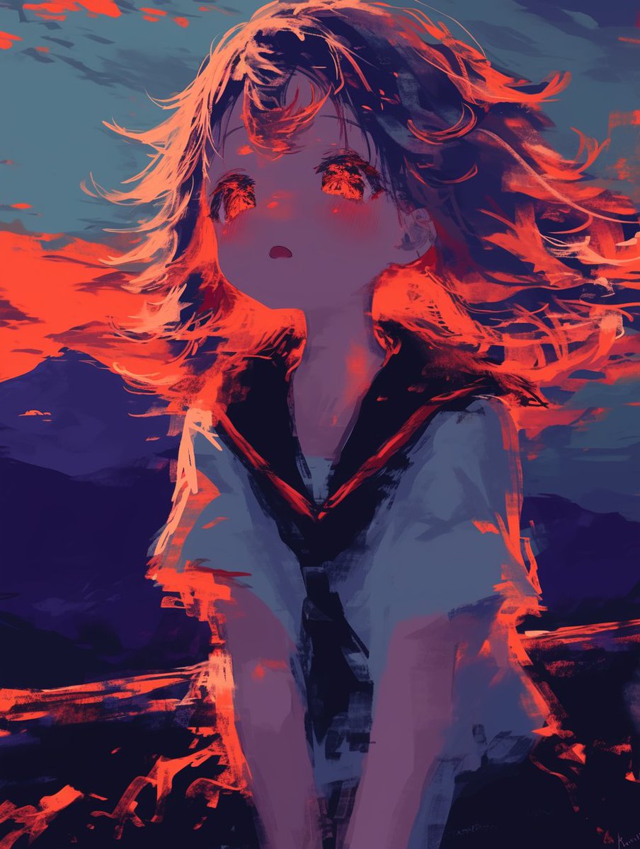 「夕日が沈む その眩しさに心を奪われる 海からの風が髪を揺らす 遠く儚い青春の記憶」|Sentaku(せんたく)のイラスト