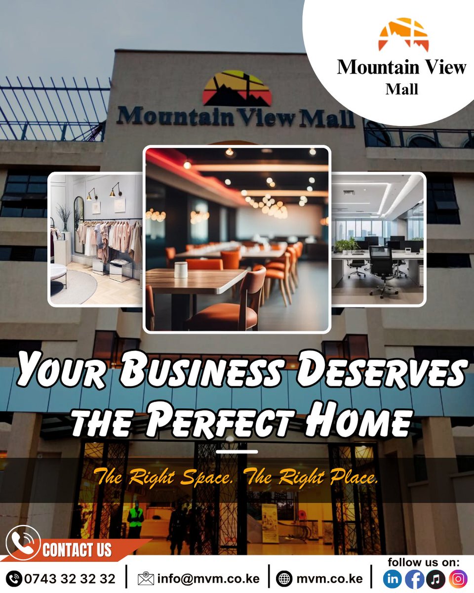 Mountain View Mall (@mvm_ke) on Twitter photo This June at Mountain View Mall!
Retail or office space? We’ve got the perfect spot for your business along Waiyaki Way.
✅ Prime Location
✅ Steady Foot Traffic
📞 +254 743 32 32 32
🌐 mvm.co.ke
#MountainViewMall #NairobiBusiness #RetailSpaceKE This June at Mountain View Mall!
Retail or office space? We’ve got the perfect spot for your business along Waiyaki Way.
✅ Prime Location
✅ Steady Foot Traffic
📞 +254 743 32 32 32
🌐 mvm.co.ke
#MountainViewMall #NairobiBusiness #RetailSpaceKE