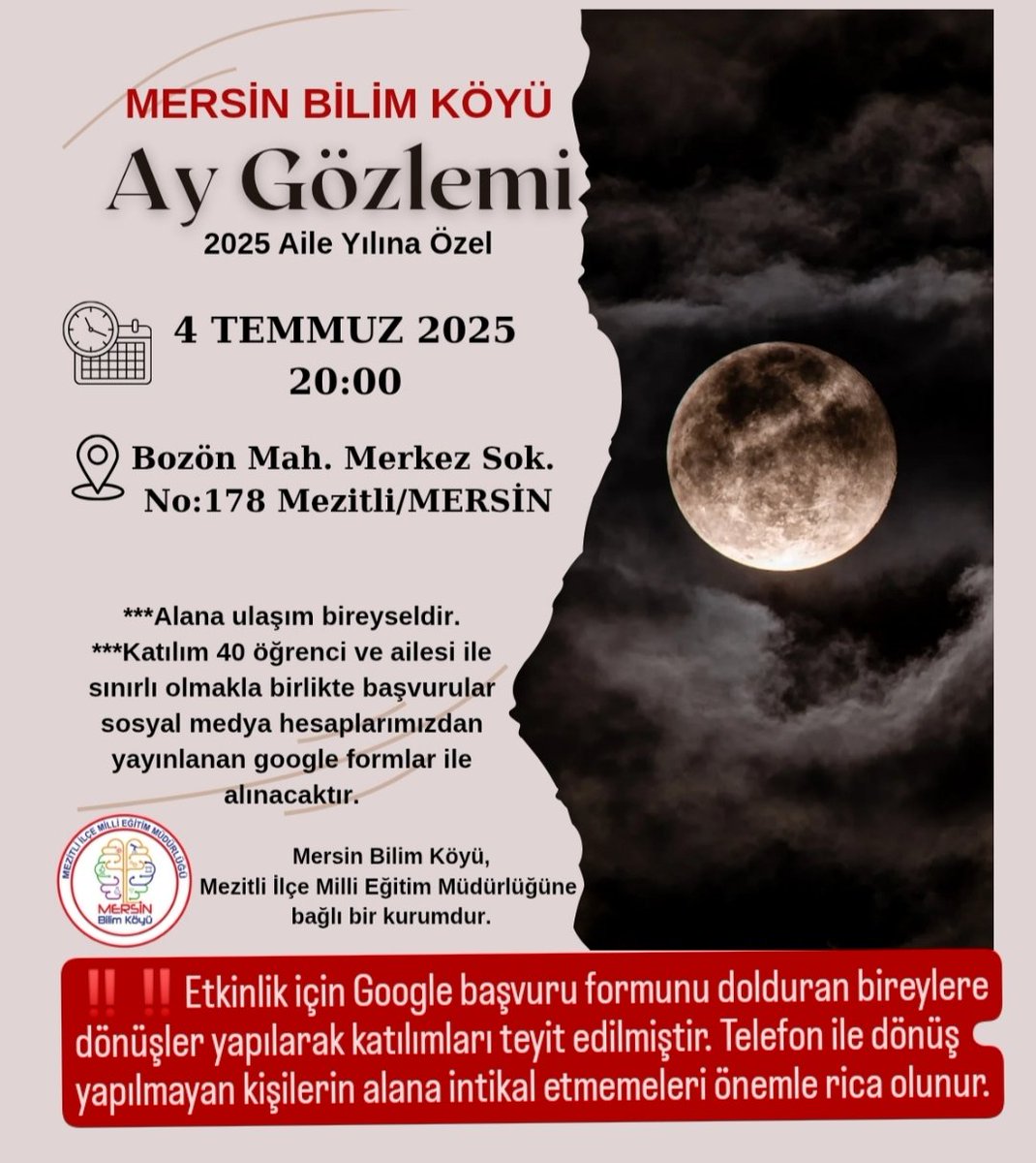 Mersin Bilim Köyü (@bilimkoyu) on Twitter photo ‼️‼️Etkinlik için Google başvuru formunu dolduran bireylere dönüşler yapılarak katılımları teyit edilmiştir. Telefon ile dönüş yapılmayan kişilerin alana intikal etmemeleri önemle rica olunur. <a href="/tcmeb/">Millî Eğitim Bakanlığı</a> <a href="/MersinValiligi/">Mersin Valiliği</a> <a href="/MersinMEM/">Mersin İl Millî Eğitim Müdürlüğü</a> <a href="/MezitliMEM/">Mezitli MEM 🇹🇷</a> <a href="/fazilet_durmus/">Fazilet Öğretmen 🇹🇷</a> ‼️‼️Etkinlik için Google başvuru formunu dolduran bireylere dönüşler yapılarak katılımları teyit edilmiştir. Telefon ile dönüş yapılmayan kişilerin alana intikal etmemeleri önemle rica olunur. <a href="/tcmeb/">Millî Eğitim Bakanlığı</a> <a href="/MersinValiligi/">Mersin Valiliği</a> <a href="/MersinMEM/">Mersin İl Millî Eğitim Müdürlüğü</a> <a href="/MezitliMEM/">Mezitli MEM 🇹🇷</a> <a href="/fazilet_durmus/">Fazilet Öğretmen 🇹🇷</a>