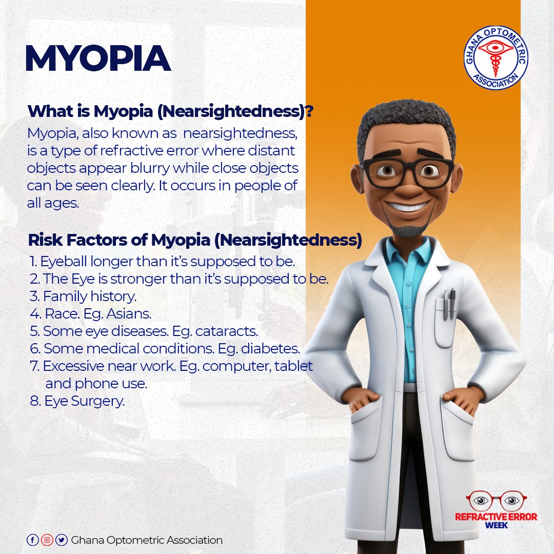 GOAssoc's tweet image. Myopia Explained: Myopia also known as shortsightedness is a type of refractive error where distant objects appear blurry while close objects can be seen clearly. 

Learn more 👇

#RefractiveErrorWeek