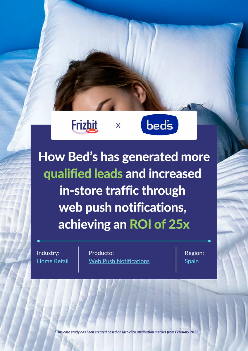 🇬🇧 Curious about web push performance for high-value products and longer decision cycles?

See how Bed's, a leading Spanish sleep &amp; wellness retailer, achieved 25.3x ROI by integrating Frizbit's cross-channel engagement strategy.

📲 frizbit.com/case-studies/b…