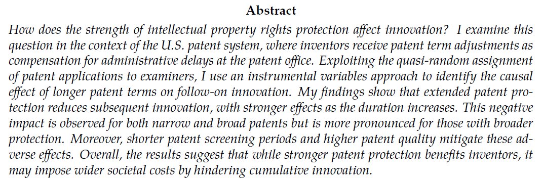 🚨 Working paper available 🎉

"Intellectual Property Rights Protection and Innovation - Evidence from Compensatory Patent Term Adjustments" 

Link: ssrn.com/abstract=53120…