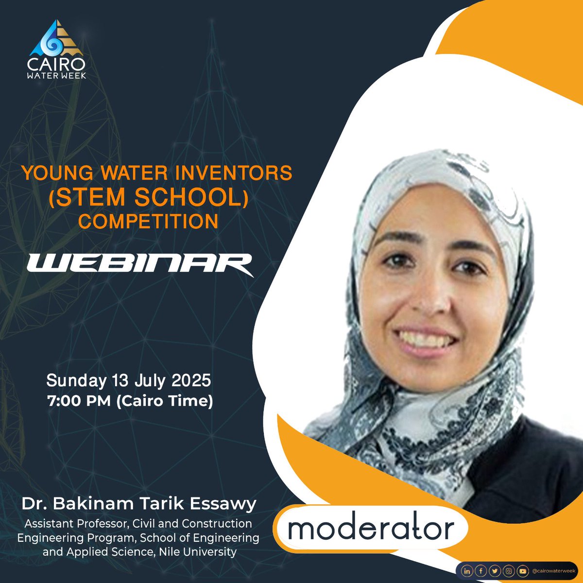 🔔 Young Water Inventors!
Join our webinar on 13 July 2025 for tips &amp; guidance.

🎙️ With Dr. Bakinam Tarik Essawy
🔗 cairowaterweek.zoom.us/j/85031141020
🔑 Passcode: 031846

#CWW2025 #STEM #Innovation #WaterInventors