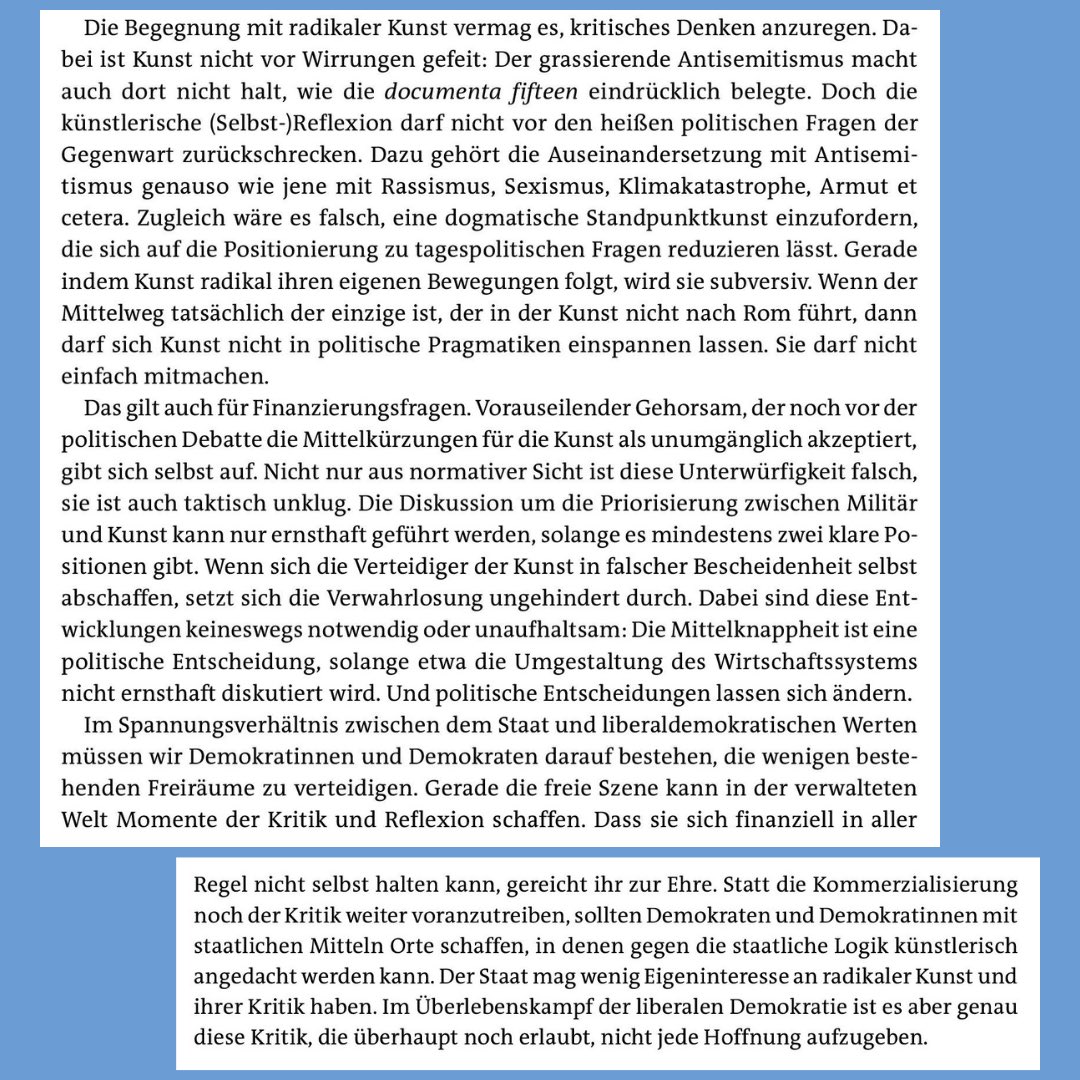 In der aktuellen „Musik &amp; Ästhetik“ ist ein kleiner Text von mir erschienen, gegen den falschen Frieden mit der guten Sache. Den ganzen Text und die spannenden anderen Beiträge aus dem Forum (u.a. von Monika Grütters und Kereshme Gharibnejad) gibt es hier: musikundaesthetik.de/article/99.120…
