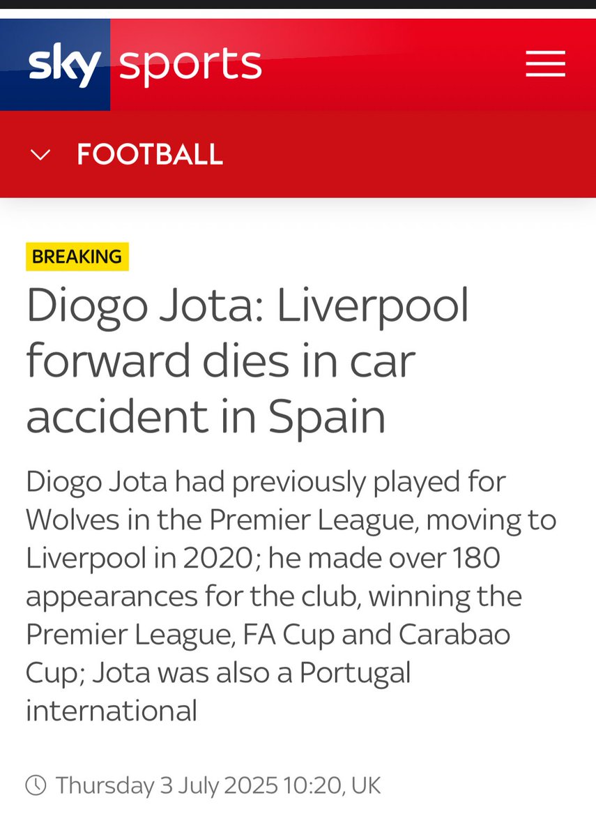 Liverpool striker Diogo Jota and his brother have passed away due to a traffic accident, according to reports from Marca. Our deepest condolences, support, and thoughts are with their family and loved ones. May their souls rest in peace. 🤍🕊️