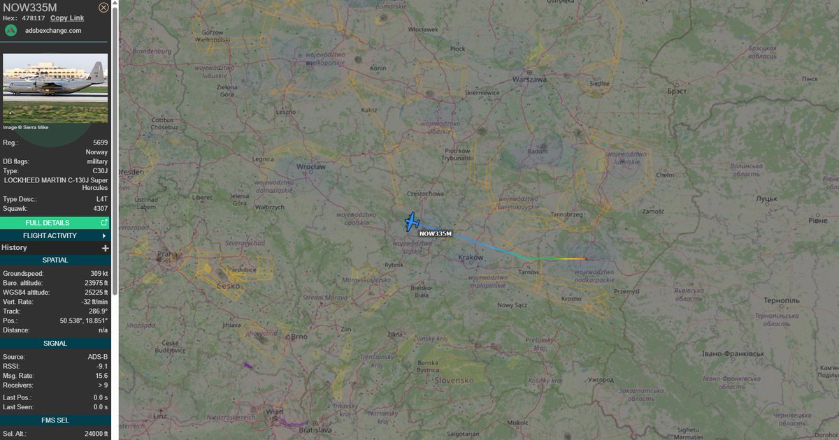 PolishMilRadar's tweet photo. 📅03.07 🕓11:37LT

🇳🇴 Królewskie Norweskie Siły Powietrzne
✈️ Lockheed Martin C-130J Super Hercules "5699"
#NOW335M leci na FL240
🛫 Rzeszów Jasionka #EPRZ 🇵🇱
🛬 Nieznany
🔗 https://t.co/7Yo8Pt4QgO

#POLMILRADAR https://t.co/0pB1eVvFPw