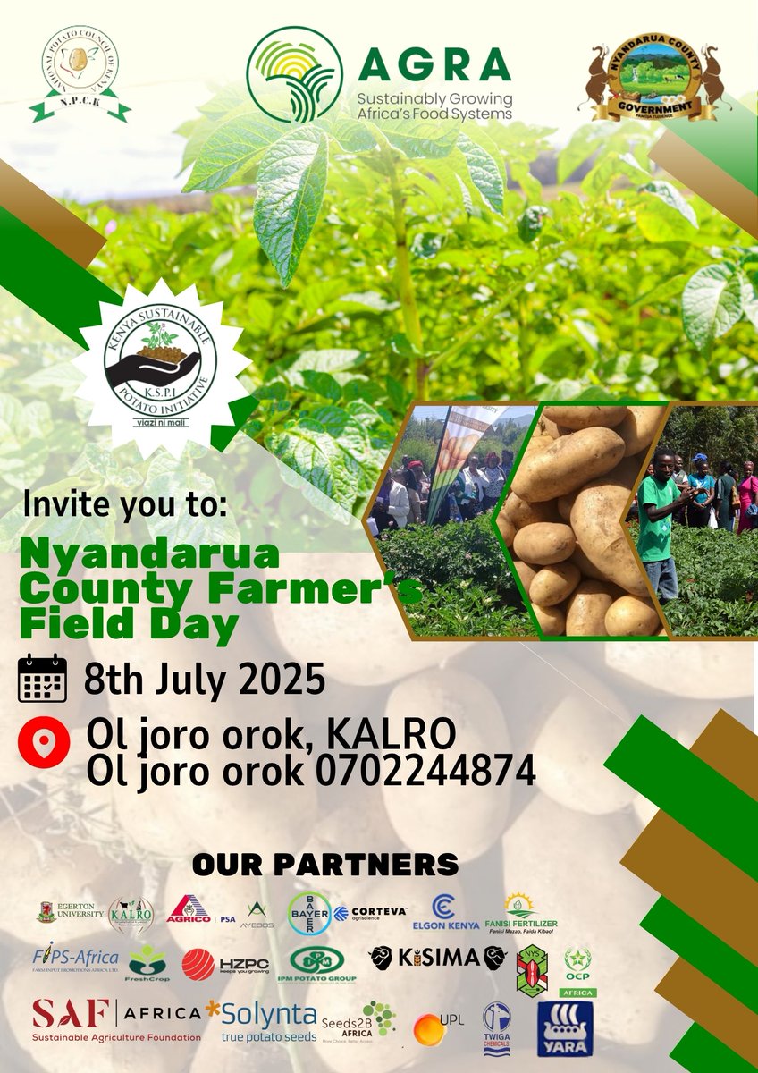 Join us for the Nyandarua County Farmer’s Field Day on 8th July 2025 at KALRO, Ol Joro Orok.
Come and learn about the latest innovations in potato farming, interact with experts, and network with stakeholders.
📍 For more info, call: 0702244874.
Let’s grow together! 🌱