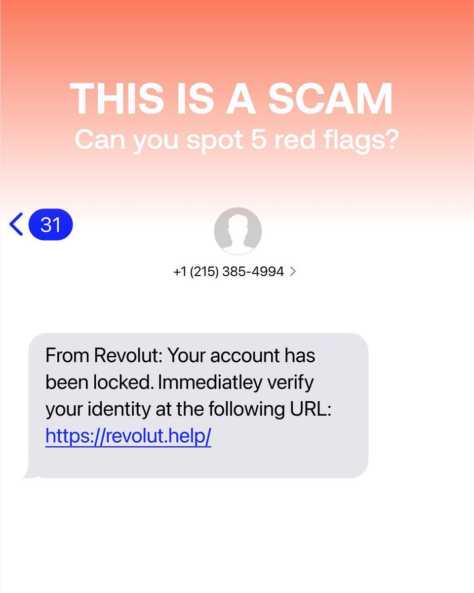 DeloresLoganm's tweet image. These scammers using "urgent" text messages to trick people into sharing credentials, passwords, or card numbers so they can steal money.

Please be warned of this number +1 215
385 4994
It's a scam they would tell you they are from Revolut.
Absolute scam do not give them any…