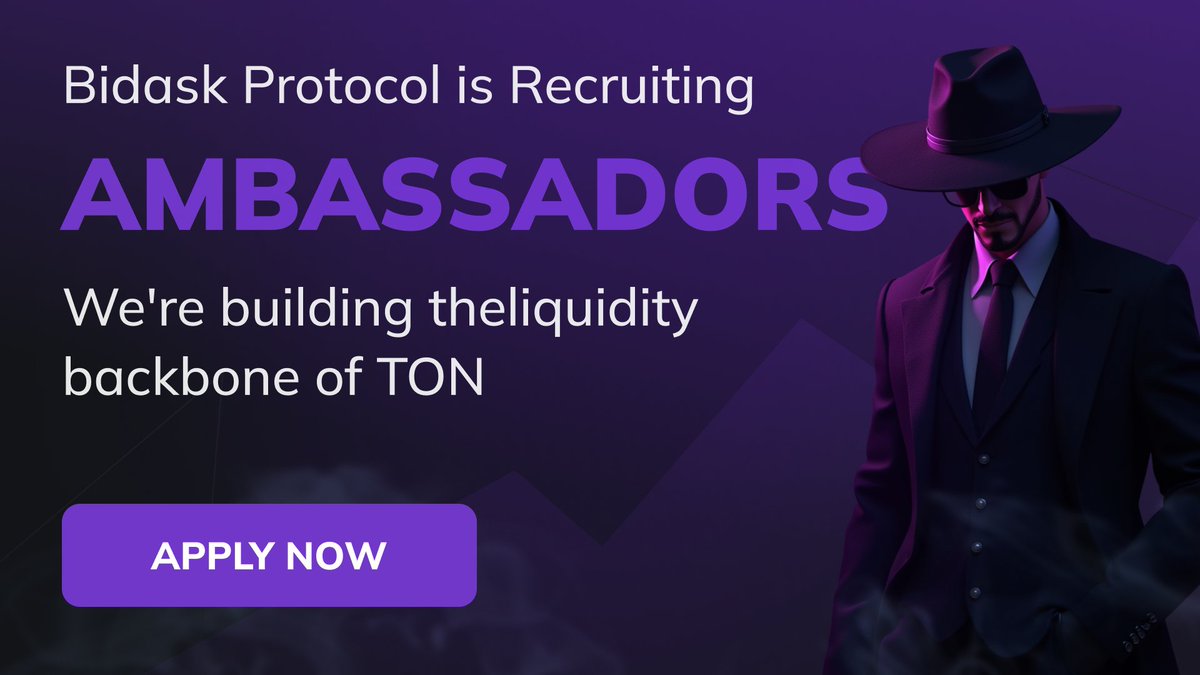 BidaskProtocol's tweet image. Bidask is Calling for Ambassadors!

Are you well-versed in TON and actively exploring DeFi — It might be time to level up.

Bidask is looking for community-facing leaders who want to help shape the future of decentralized financial infrastructure.

💎Who we’re looking for:

—…