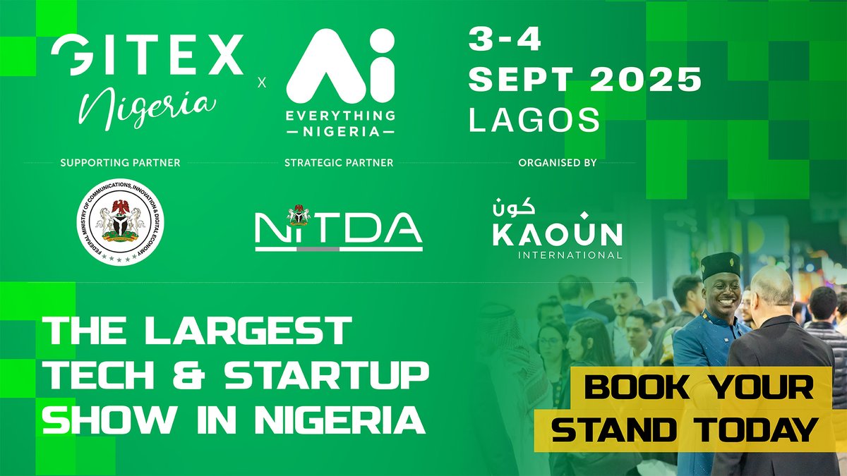 GITEX NIGERIA 2025 — The Future Is Now 

📍 Abuja &amp; Lagos
 📅 September 1–4, 2025
 🕒 All Day

Find out more 👉 : lnkd.in/ePcXEYS5

#GITEXNigeria #TechInnovation #AI #Fintech #Cybersecurity #DigitalEconomy #Abuja #Lagos #TechConference #GITEX2025