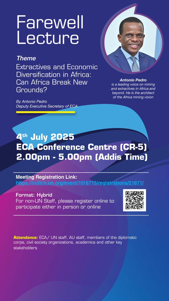 After years of service to Africa and @ECA_Official
, Deputy Executive Secretary Antonio Pedro reflects on the complex issues surrounding the extractive industry on the continent in a farewell lecture. Join this thought-provoking conversation. Details below:👇
