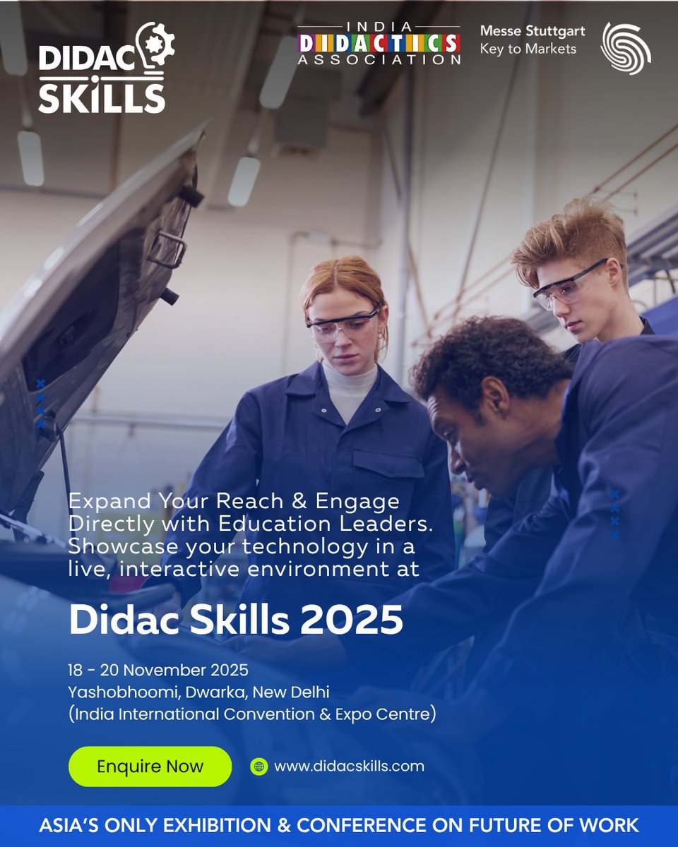 Reach institutional leaders, training heads, and policymakers actively seeking skill development solutions.
India’s only dedicated skills platform.

🗓18–20 November 2025 | 📍Yashobhoomi (IICC), New Delhi
Register today: didacskills.com and shape the future of skilling.