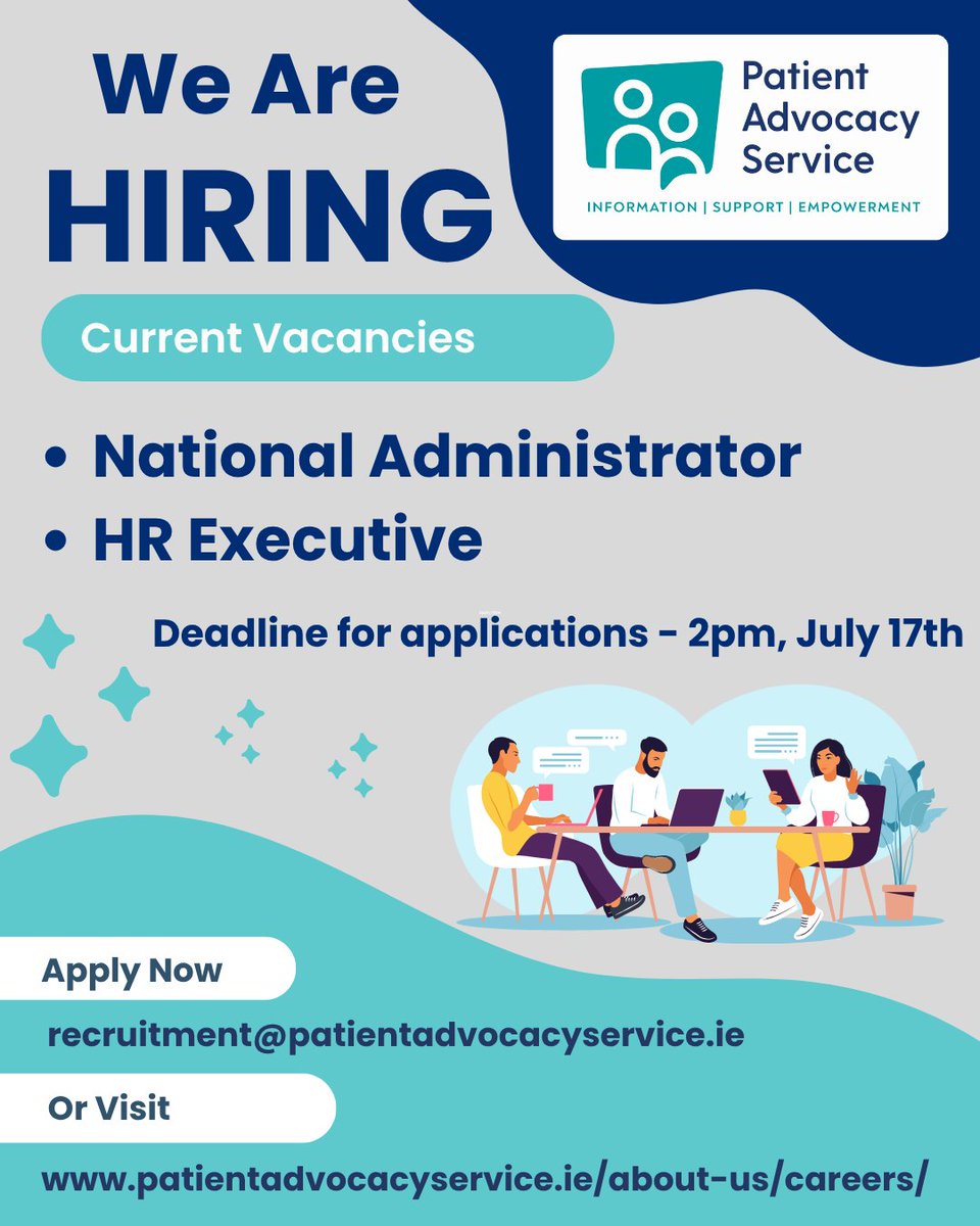 WE ARE HIRING!
The Patient Advocacy Service have two new job opportunities:

National Administrator
HR Executive

Visit our website for closing dates, candidate packs and application forms

patientadvocacyservice.ie/about-us/caree…

The Patient Advocacy Service is an equal opportunity employer