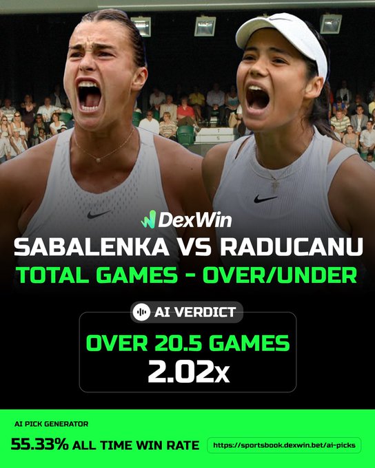 Wimbledon 🏴󠁧󠁢󠁥󠁮󠁧󠁿 Tennis Betting Predictions, Tennis Betting Lines & Wimbledon 2025 Tennis Betting Odds Today 🎾 

Aryna Sabalenka vs Emma Raducanu Odds - Over 20.5 Total Games @ 2.02 ✅ 

Follow @DexWin_Sports for the best Tennis betting odds, Tennis betting picks and Tennis predictions today 🎾