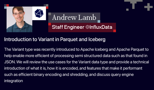 Andrew Lamb (@andrewlamb1111) on Twitter photo I am speaking at the #ApacheIceberg NYC MeetupĀ onĀ July 10th about Variant in <a href="/ApacheParquet/">Apache Parquet</a> which enable more efficient of processing semi structured data such as that found in JSON.
lu.ma/95a5qys1 I am speaking at the #ApacheIceberg NYC MeetupĀ onĀ July 10th about Variant in <a href="/ApacheParquet/">Apache Parquet</a> which enable more efficient of processing semi structured data such as that found in JSON.
lu.ma/95a5qys1