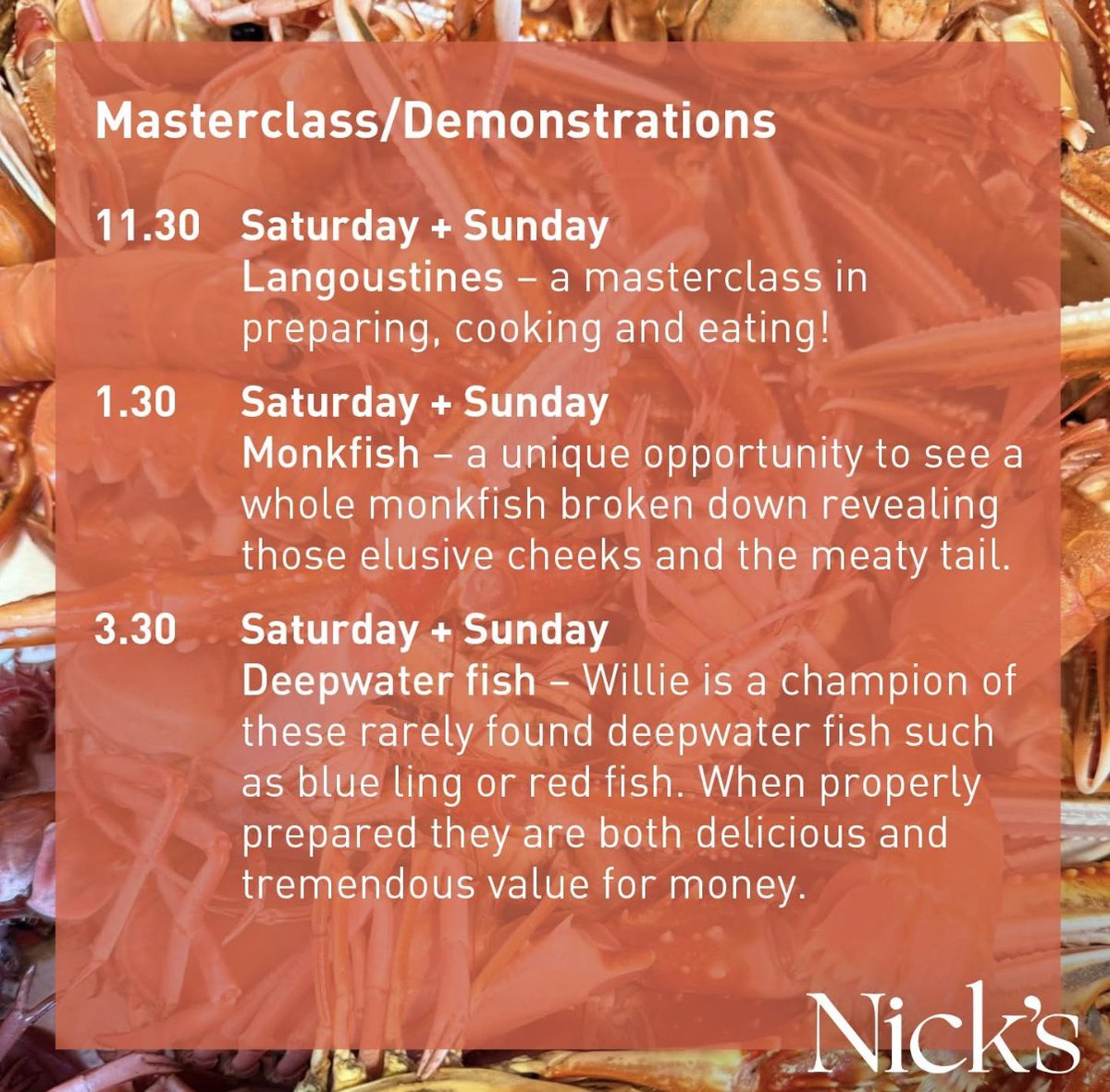 This weekend at Nicks Port of Menteith,  a seafood extravaganza - outdoor summer kitchen open, live  music, master classes and demonstrations with Nick, new cocktail menu.  To book a table go to nicknairn.com
or pop along to join the demonstrations