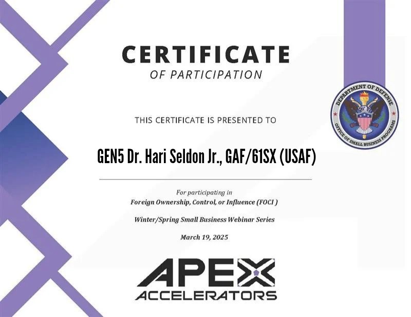 General_Seldon's tweet image. 🇺🇸💵🎖️🪖💼 DoD APEX Accelerator @BusinessDefense Certificate in Foreign Ownership, Control, or Influence #FOCI. Small Business Webinar Training event, leisurely hosted in #Spring2025 by (@DeptofDefense) DoD Office of Small Business Programs in partnership with #APEXAccelerators.