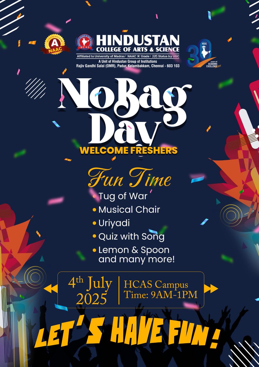 HCAS_chennai's tweet image. 🎉 It’s No Bag Day at HCAS!
Freshers, get ready for a morning full of fun —
🎯 Tug of War | 🎵 Musical Chair | 🪵 Uriyadi | 🎤 Quiz | 🍋 Lemon &amp;amp; Spoon
🗓️ 4th July | 🕘 9AM–1PM | 📍 HCAS Campus
Let’s welcome joyfully! 🎓
#HCAS #NoBagDay #WelcomeFreshers #CampusFun