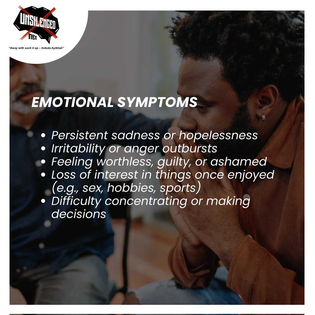 Unsilenced_Men's tweet photo. Common systems of Deppression in men
#UnsilencedMen #IndodaAyikhali #MensMentalHealth #MenSpeakUp #BreakTheStigma #YouAreNotAlone #NormalizeHealing https://t.co/jLpwWT3oD5